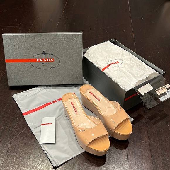 Prada Shoes - Prada patent leather beige platform slippers Sz 38. Preowned